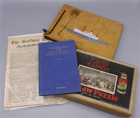 Puzzle, railway box & ephemera